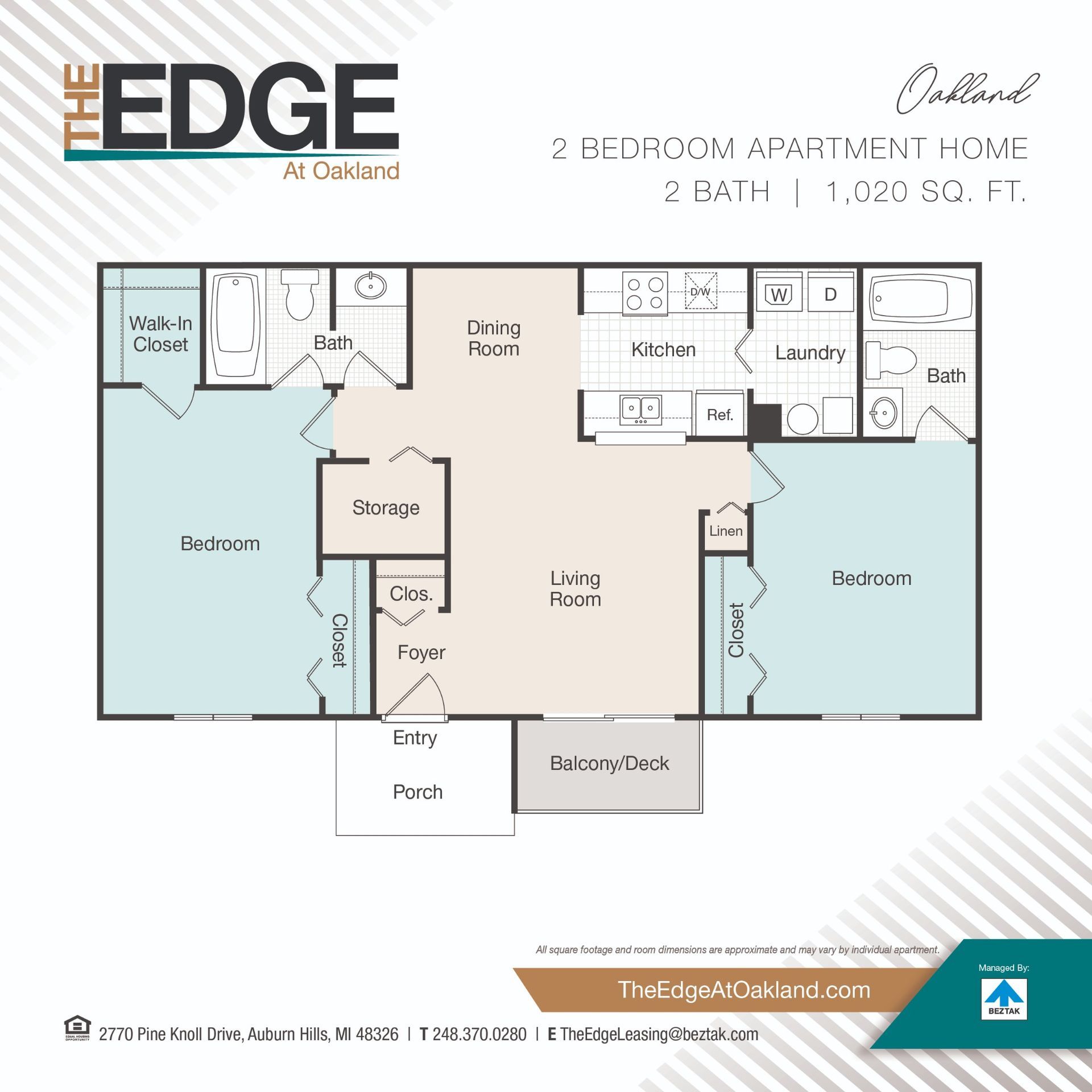 Floor plan of a 2-bed, 2-bath apartment with kitchen, living area, dining nook, balcony, and storage.