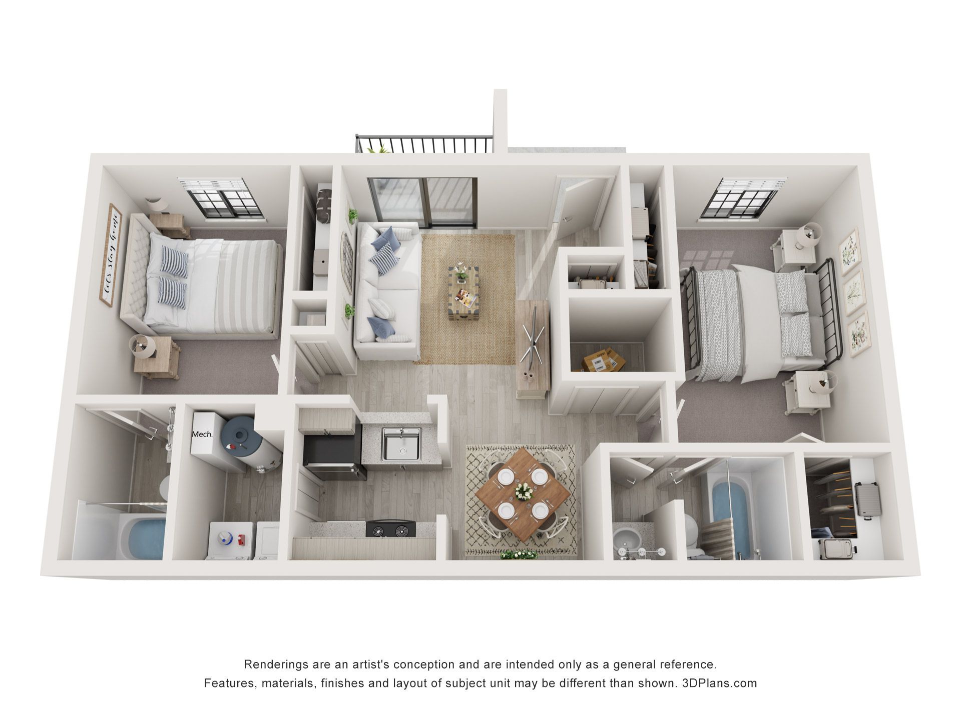 Top-down 3D floor plan of a small apartment with bedroom, bath, kitchen, and living areas, in light neutral tones