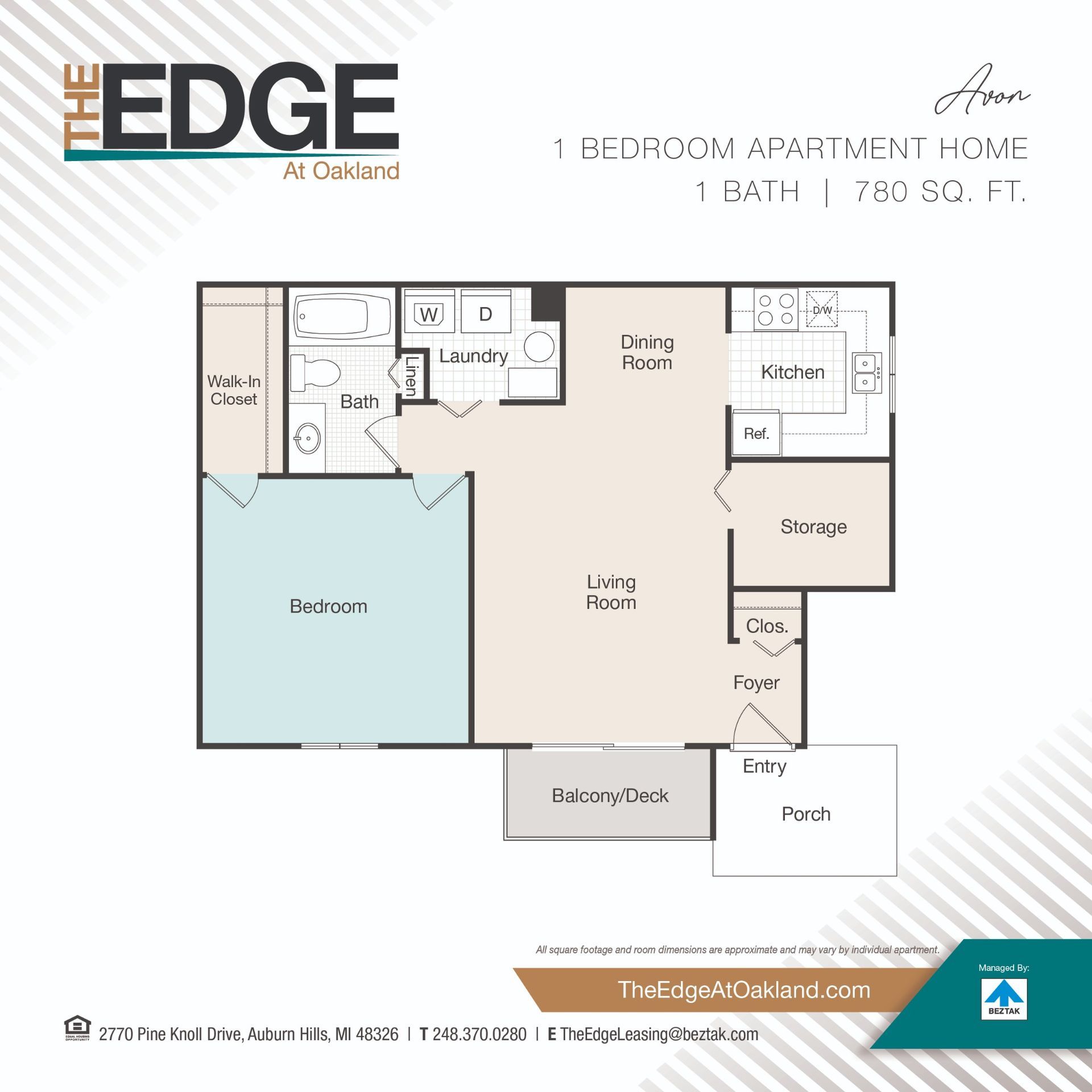Floor plan of a 1-bedroom, 1-bath apartment with patio, living room, dining area, kitchen, and bedroom.