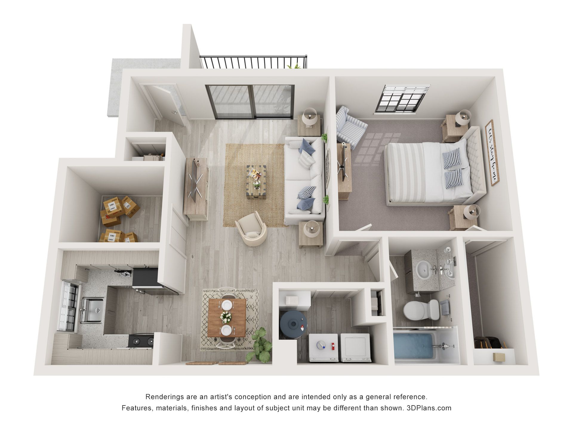 3D floor plan of a small apartment with bedroom, kitchen, bathroom, and living area
