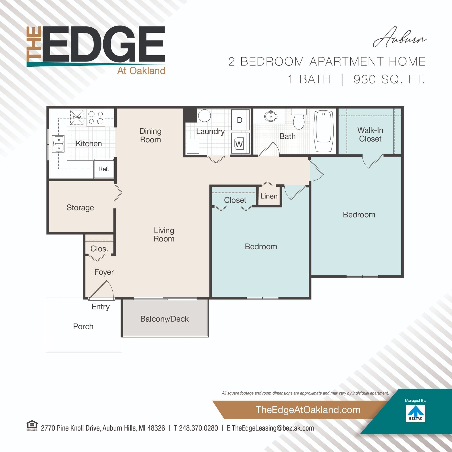 Floor plan of a 2-bed, 2-bath apartment at The Edge, 930 sq. ft.