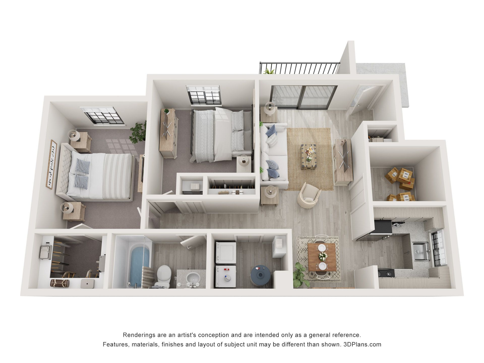 3D floor plan of a compact apartment with living room, kitchen, bedroom, bathroom, and balcony in light neutral tones