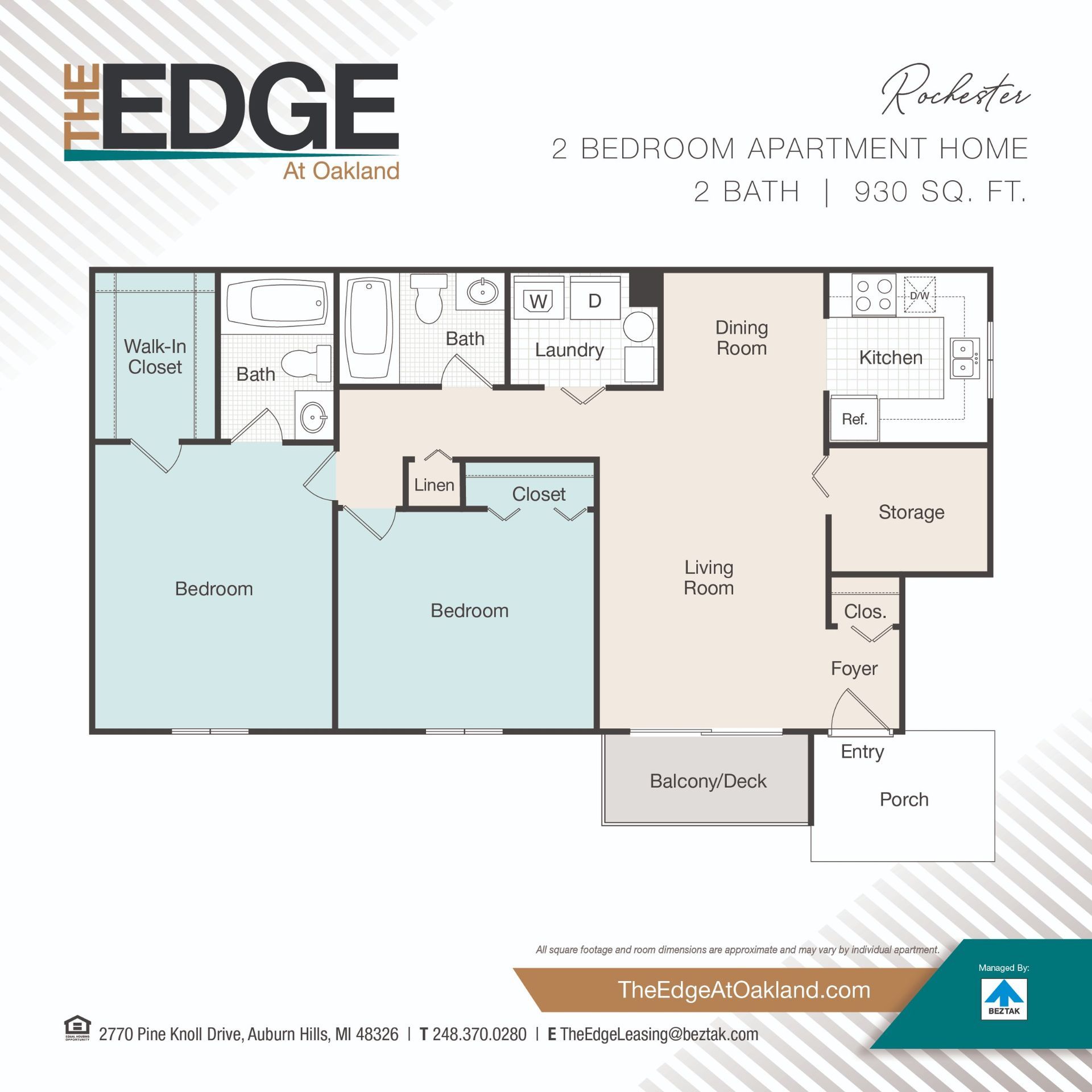 Apartment floor plan for The Edge: 2-bedroom, 2-bath layout with living room, dining area, kitchen, and balcony.
