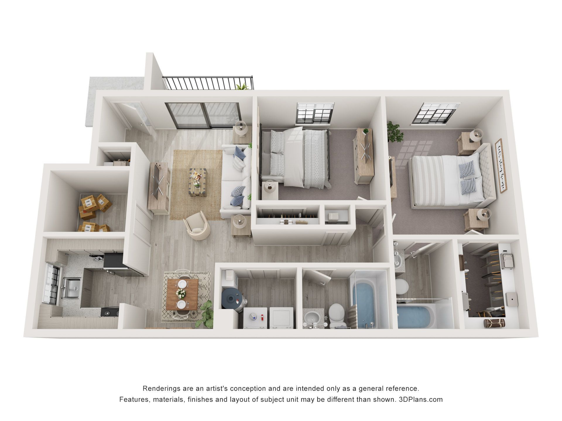 3D floor plan of a small apartment with living room, kitchen, bedrooms, and bathrooms