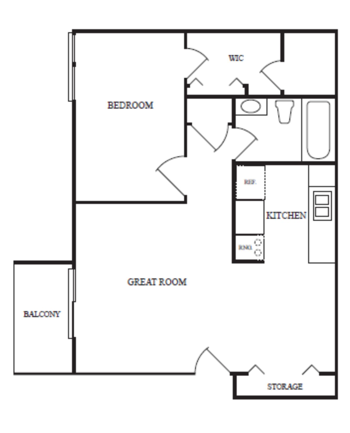 Apartment floor plan with bedroom, great room, kitchen, bath, storage, and balcony labels
