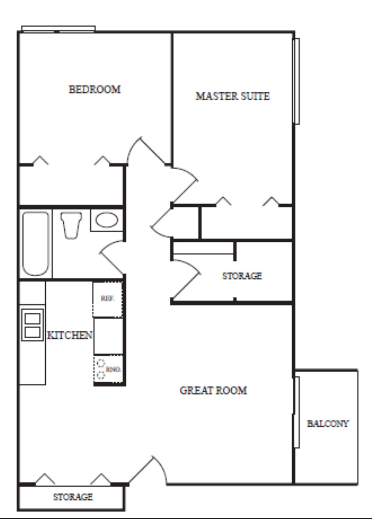 Floor plan of an apartment with bedroom, master suite, kitchen, great room, storage, bath, and balcony.