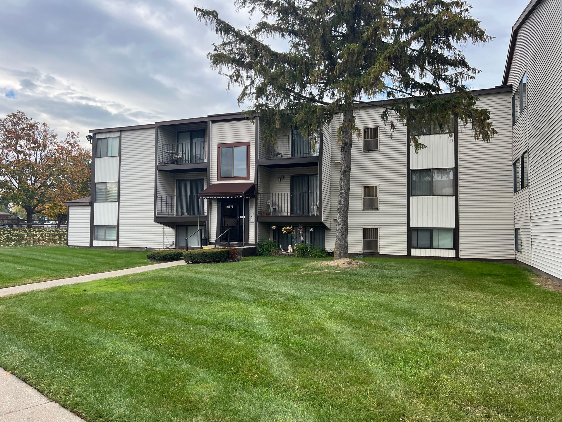Apartment building with white and gray panels beside a grassy lawn and large tree