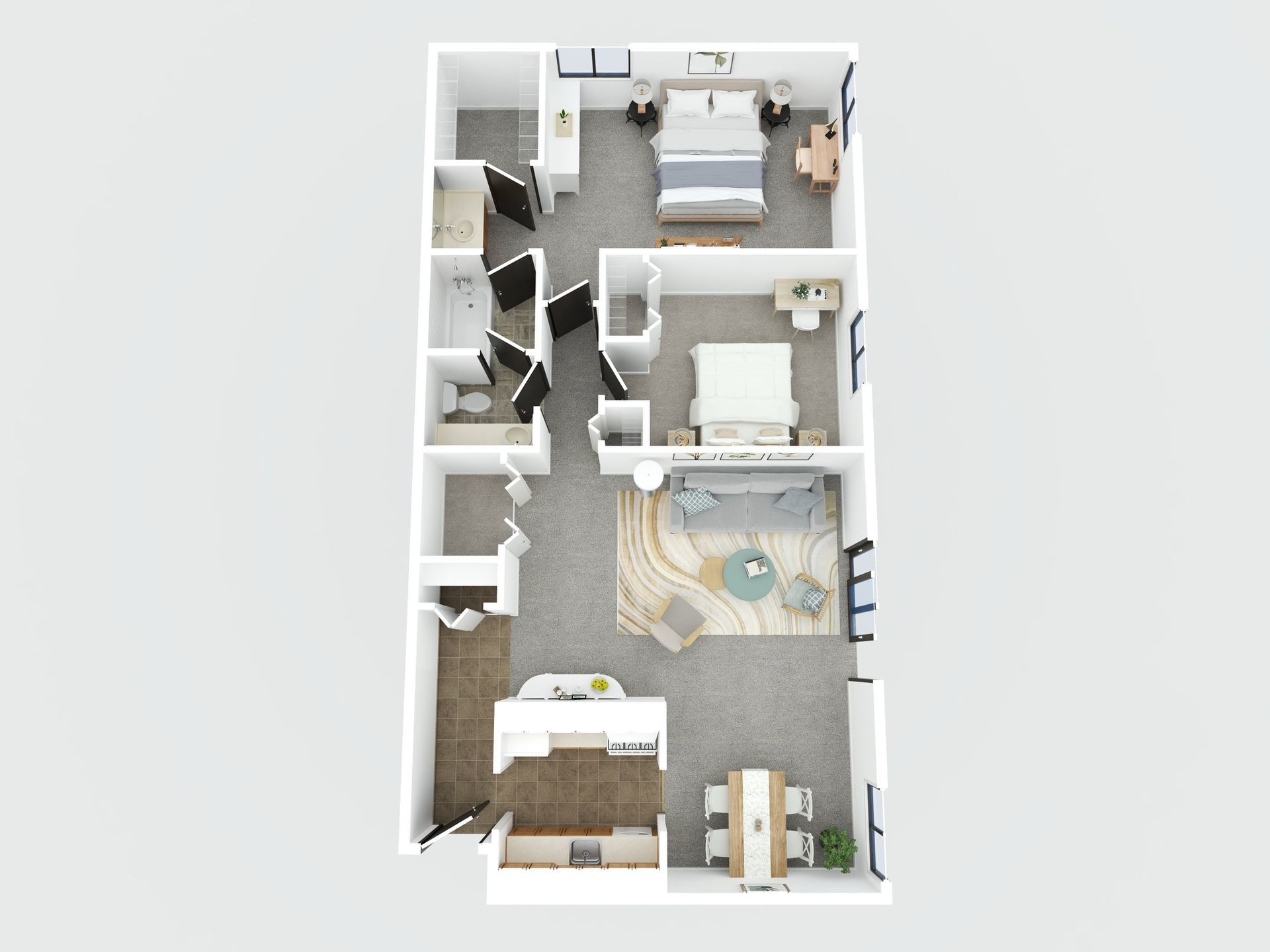 3D floor plan of a narrow apartment with bedroom, kitchen, living area, and bathroom