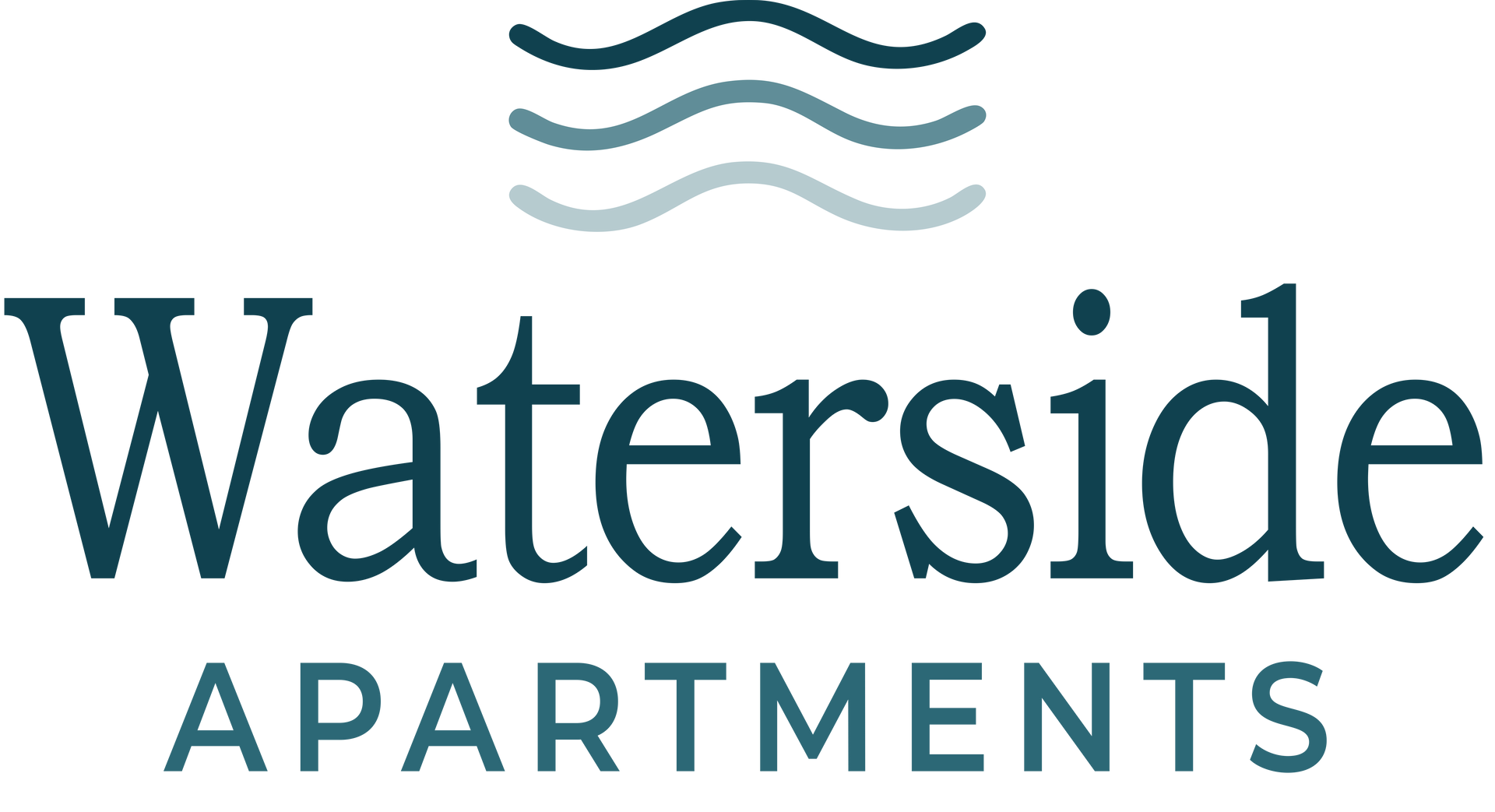 Waterside Apartments logo with teal text and wave graphic on a white background