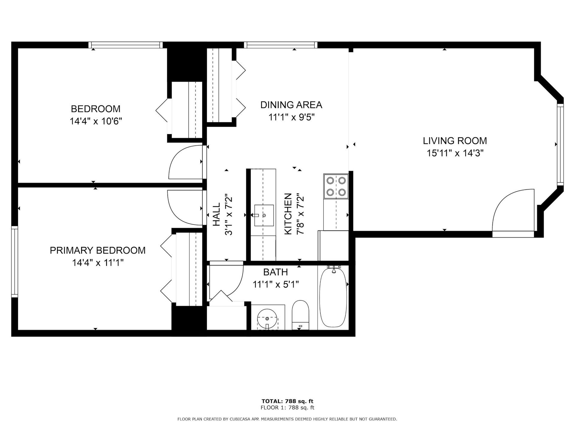 Black-and-white apartment floor plan with bedroom, primary bedroom, dining room, living room, kitchen, and bathroom.