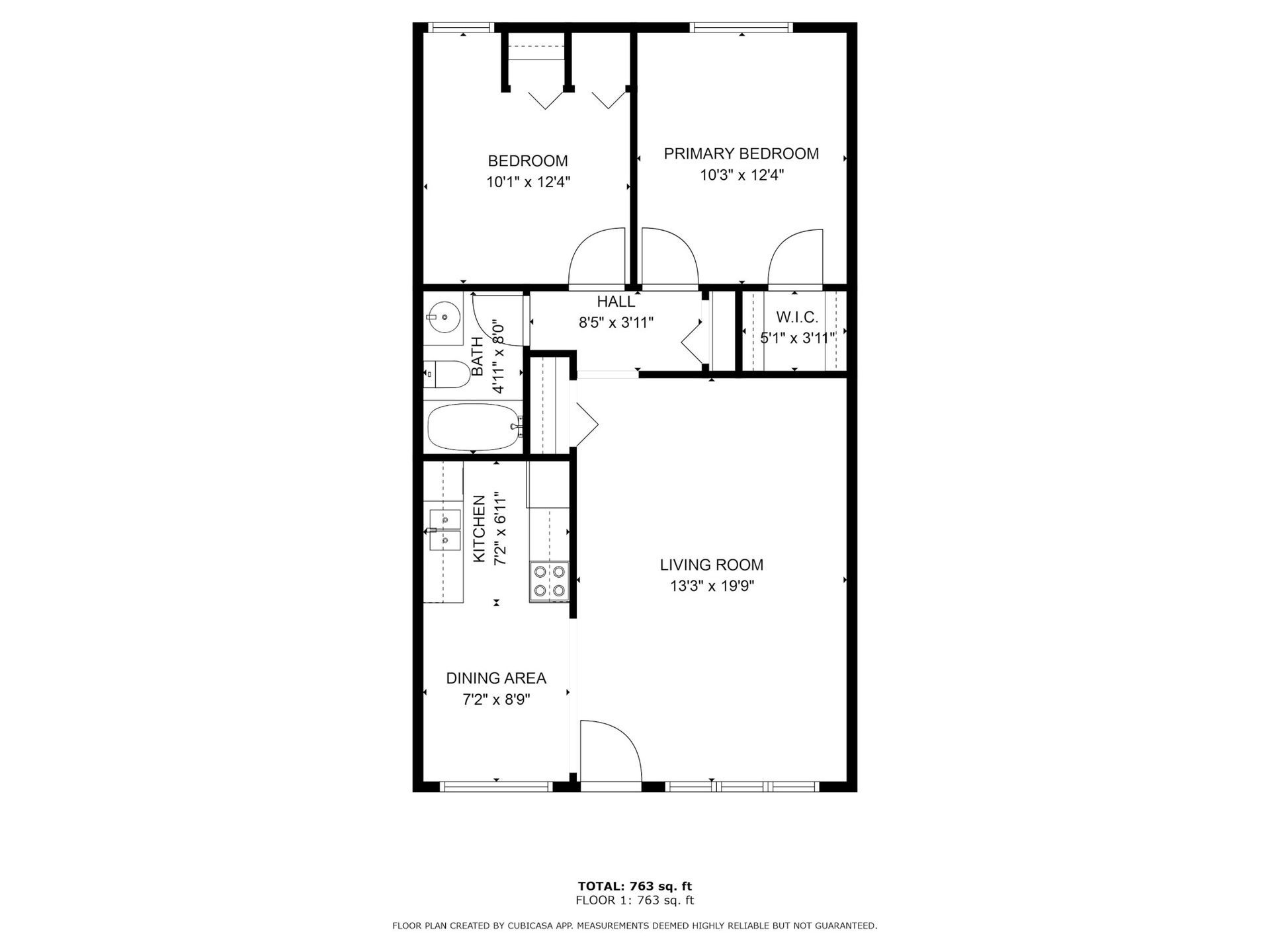 Black-and-white floor plan of a small apartment with labeled rooms and doors.
