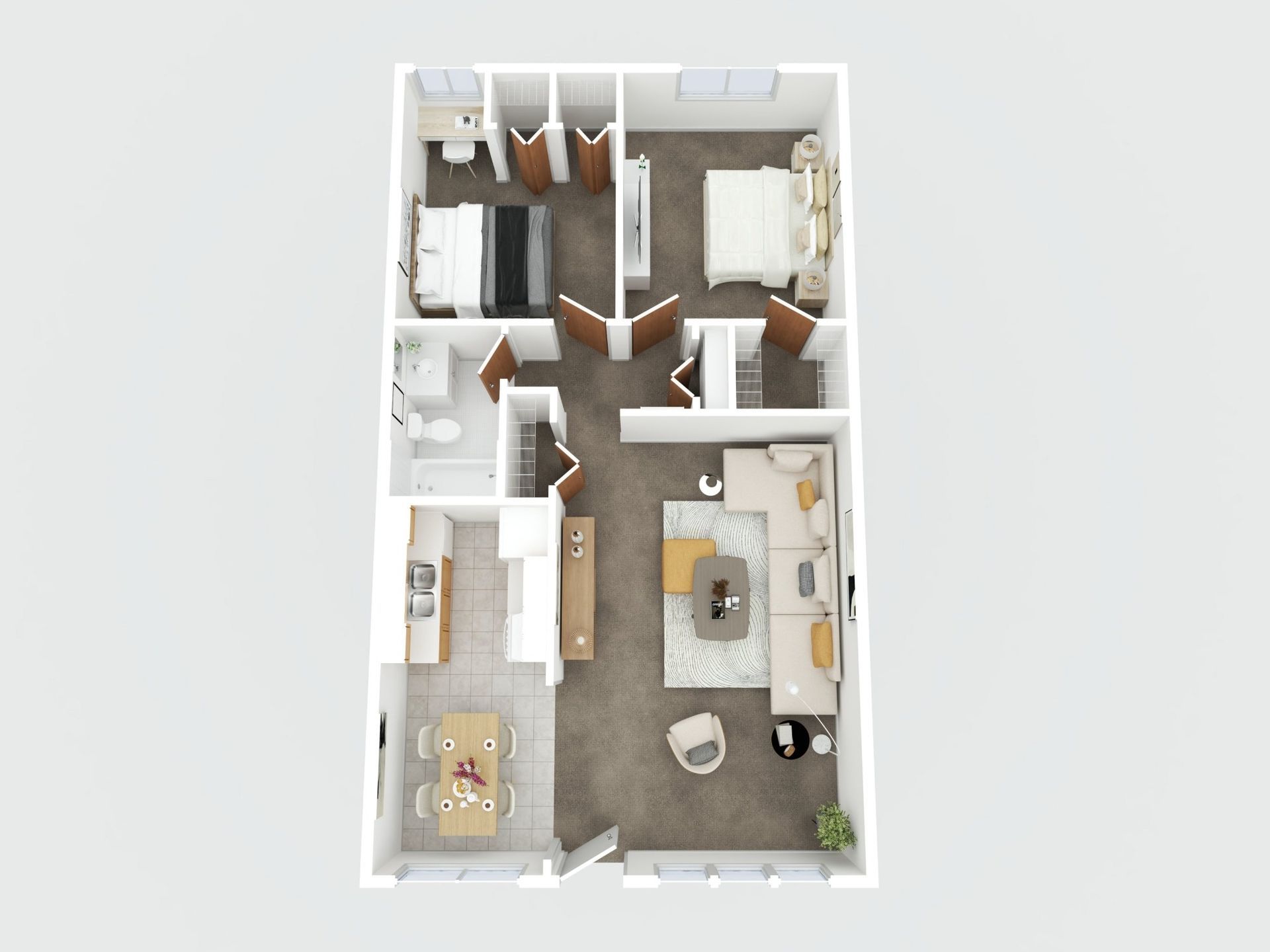 Top-down 3D floor plan of a modern apartment with bedrooms, bathroom, kitchen, and living area.