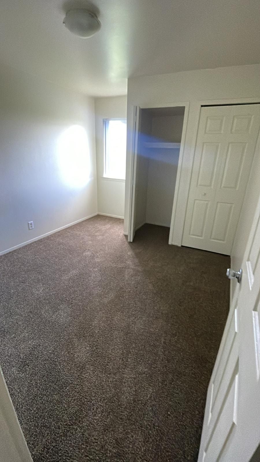 Empty beige bedroom with carpet, closet doors, and daylight from a small window.