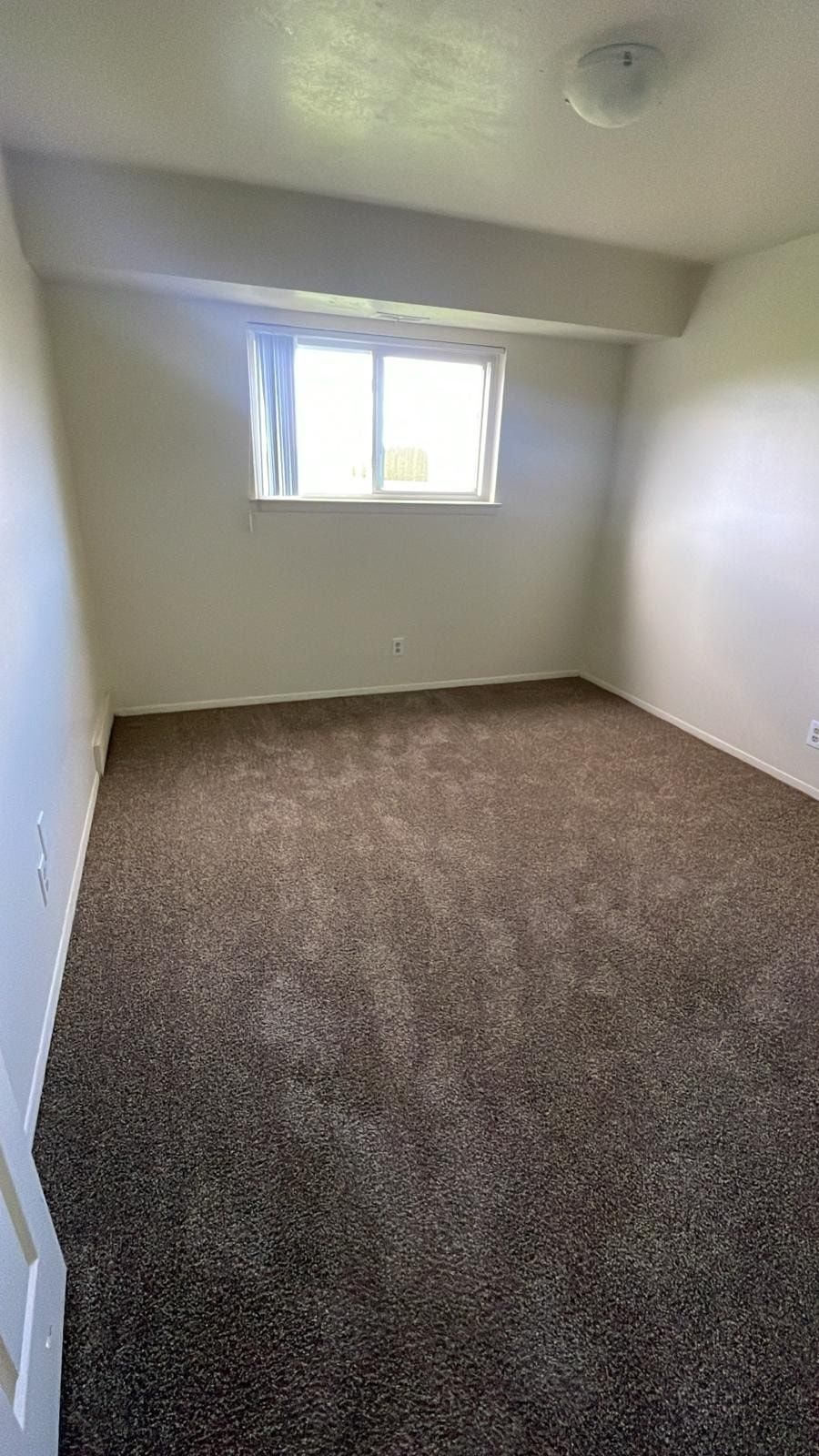Empty beige bedroom with brown carpet and a small window.