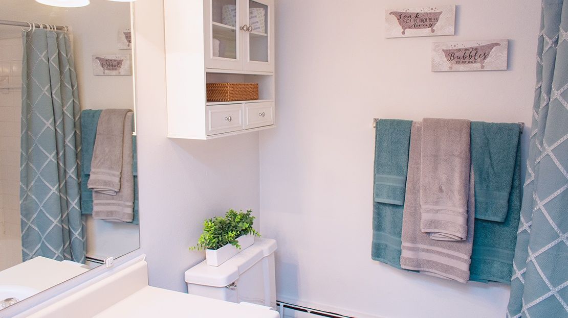 Bathroom with turquoise and gray towels hanging on white walls, plus a small shelf and plant.