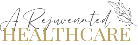 Logo for “A Rejuvenated Healthcare” in gold and gray with a leaf accent