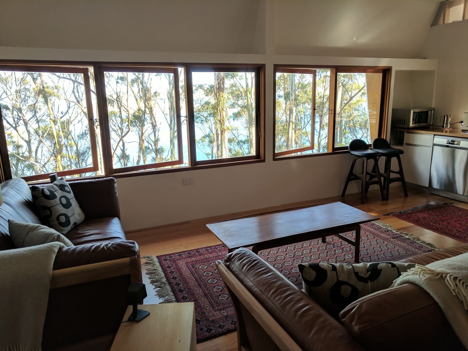 Cozy living room with large windows, two sofas, patterned rugs, and a small coffee table