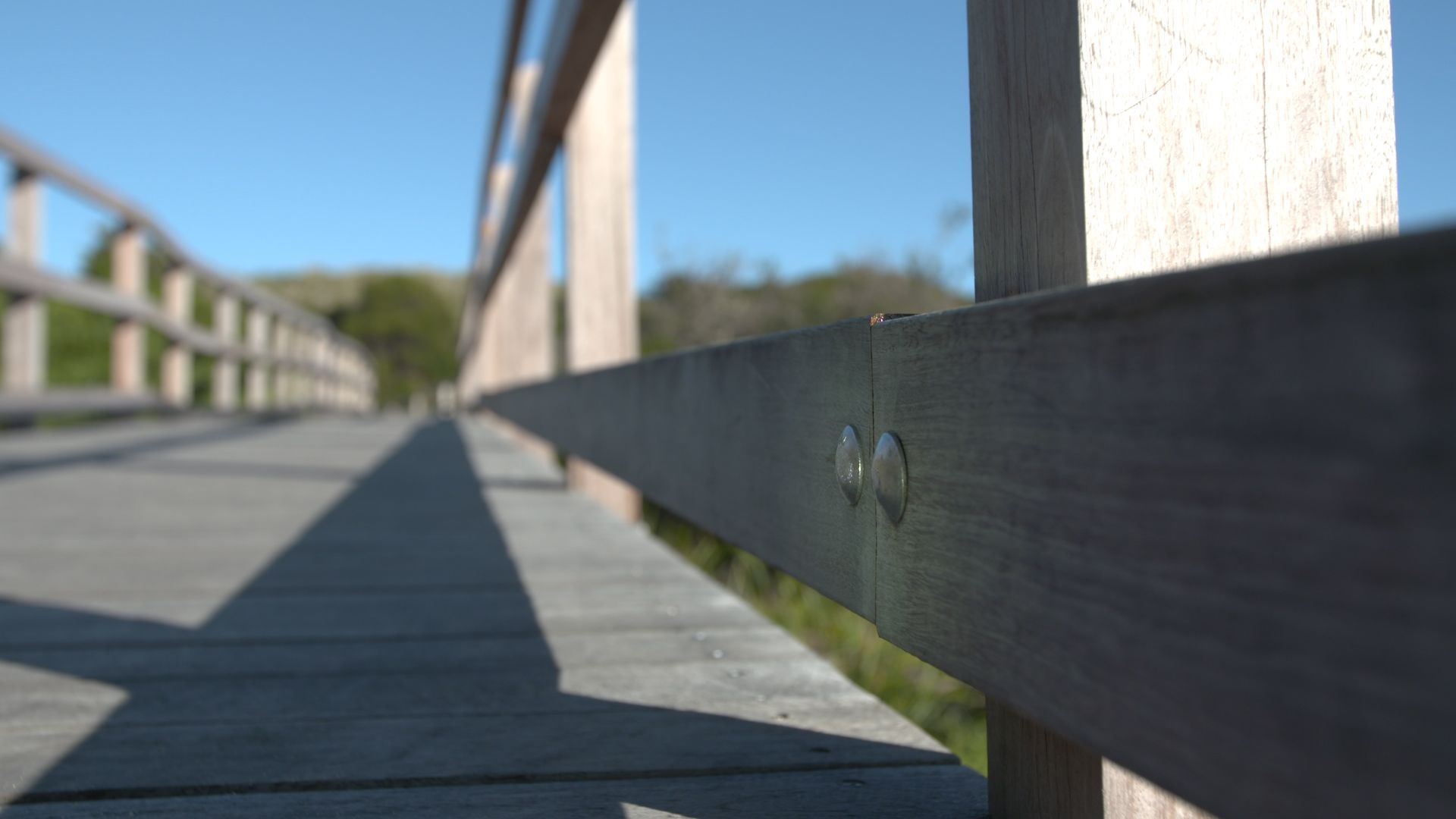 Low-angle view of a wooden boardwalk with railings, stretching into the distance on a sunny day