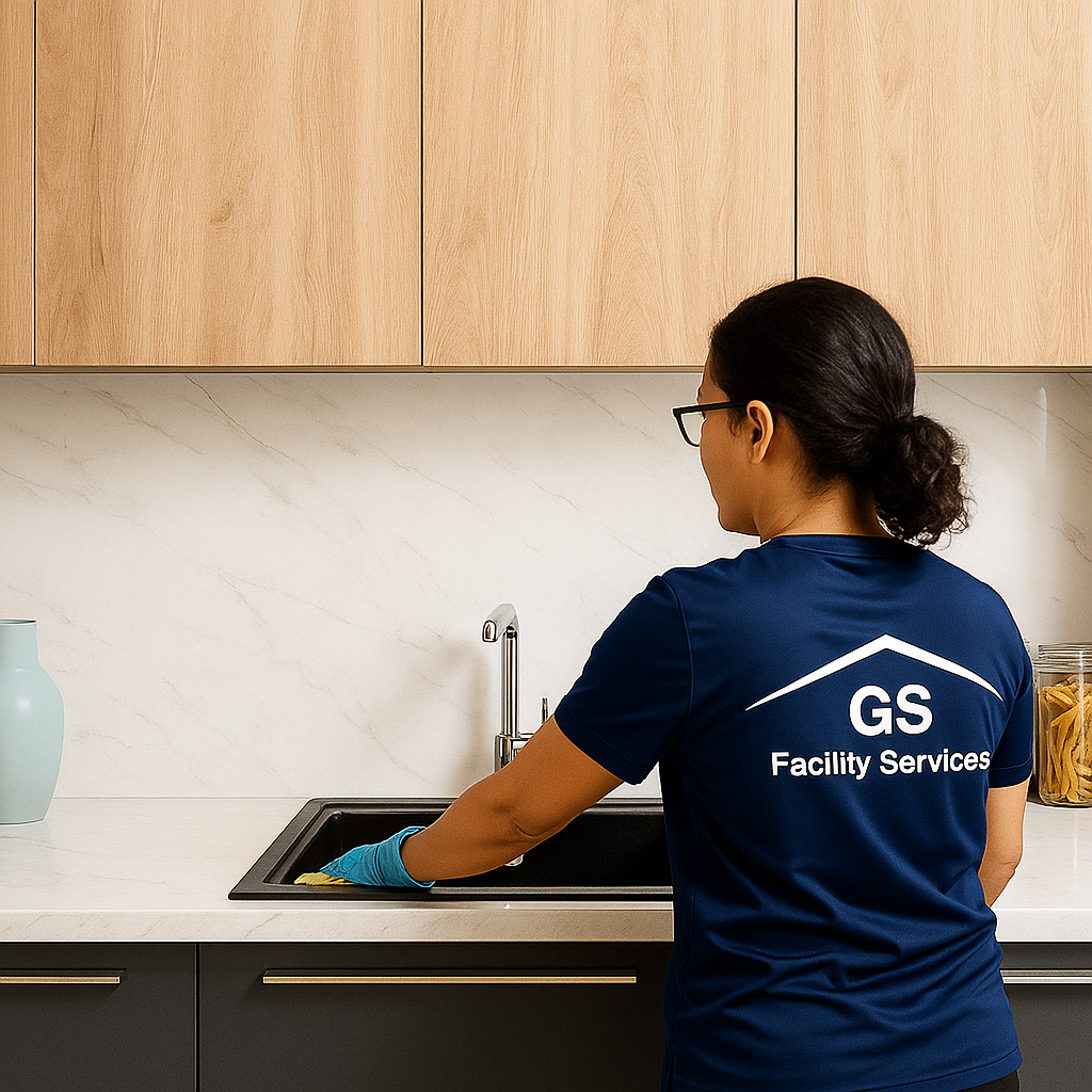 Reinigungskraft benutzt einen blauen Abzieher an einer Glastür in einem hellen Apartmentzimmer