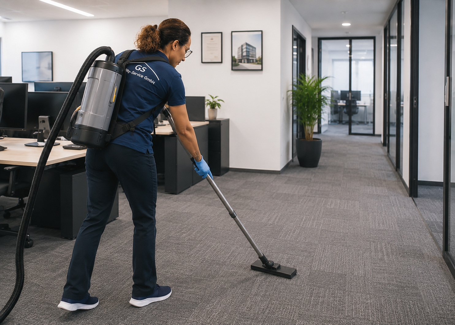 Ein Arbeiter saugt einen Büroflur mit einem Rucksackstaubsauger.
