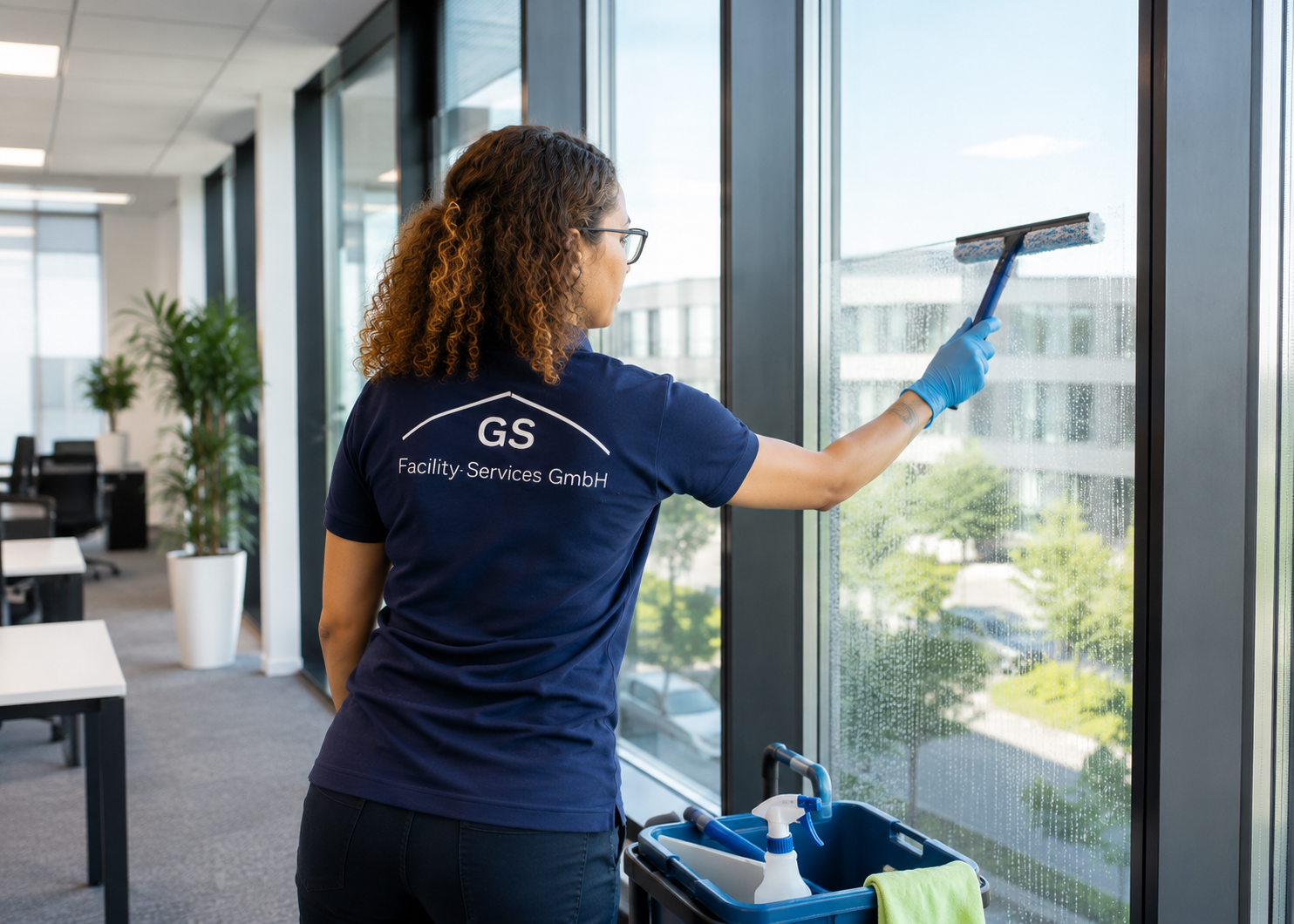 Reinigungskraft benutzt einen blauen Abzieher an einer Glastür in einem hellen Apartmentzimmer