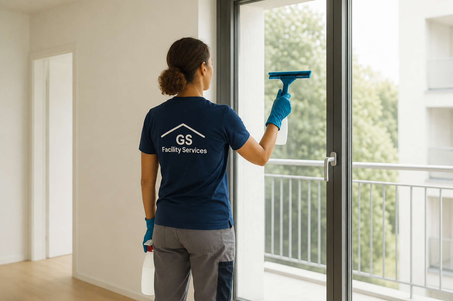 Reinigungskraft benutzt einen blauen Abzieher an einer Glastür in einem hellen Apartmentzimmer