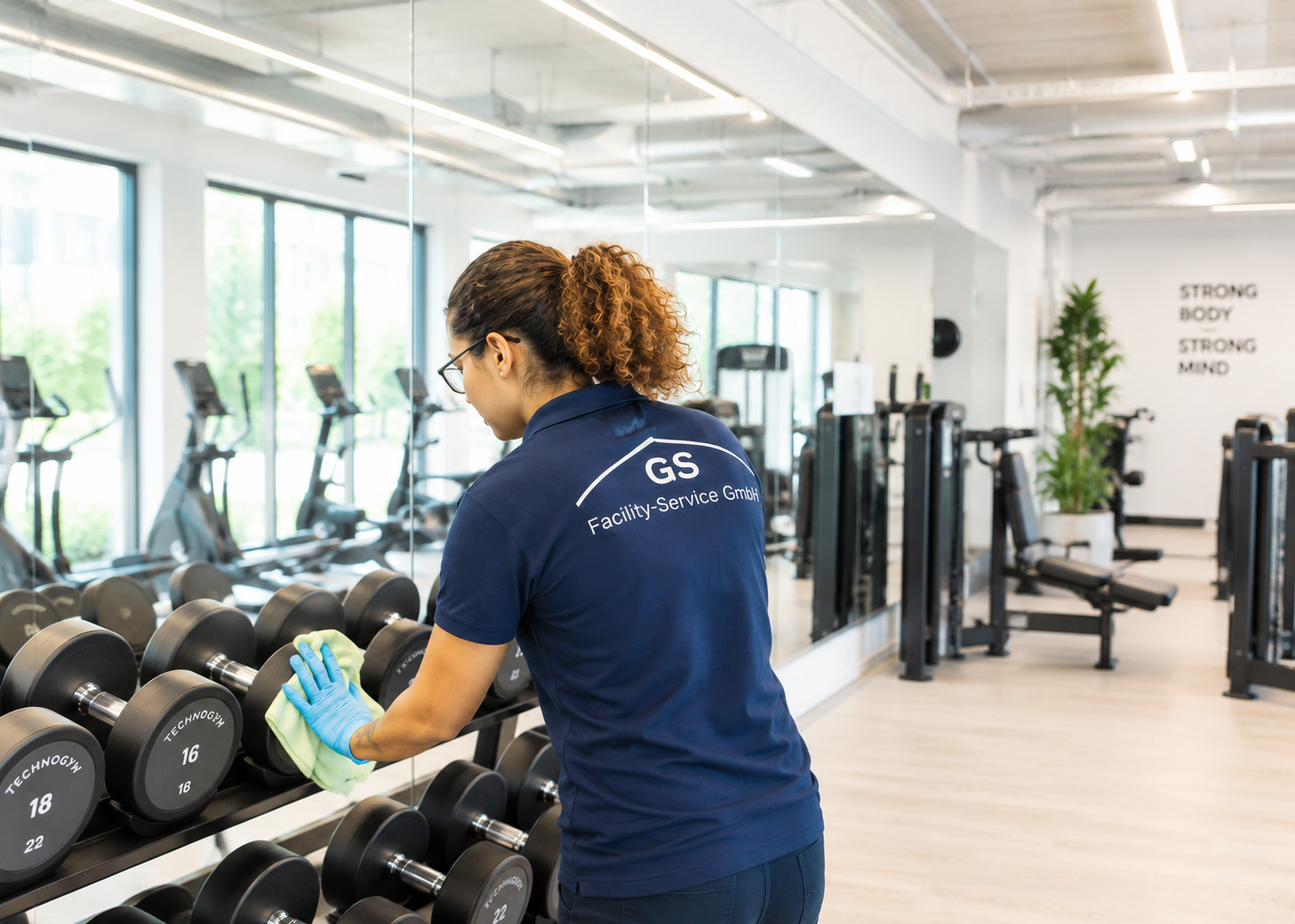 Eine Person reinigt Hanteln in einem hellen Fitnessstudio mit Trainingsgeräten und Wandspiegeln.