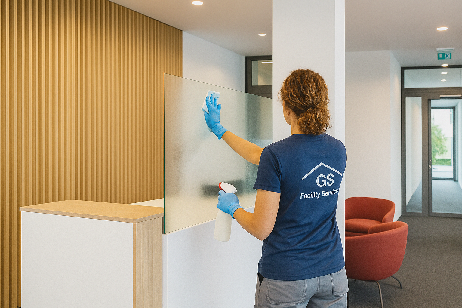 Eine Person reinigt mit blauen Handschuhen und einer Sprühflasche eine Glaswand in einem modernen Büro.
