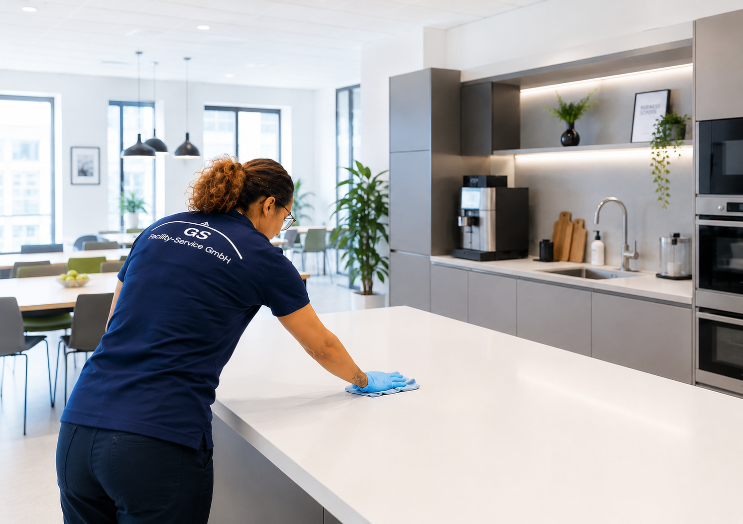 Eine Person reinigt mit blauen Handschuhen und einer Sprühflasche eine Glaswand in einem modernen Büro.