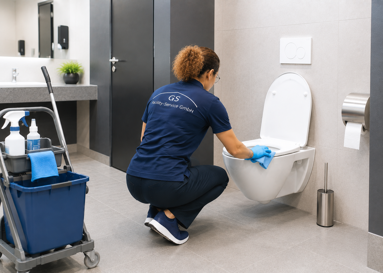 Reinigungskraft benutzt einen blauen Abzieher an einer Glastür in einem hellen Apartmentzimmer