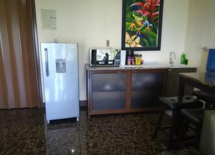 Refrigerator, microwave, and sink in a kitchen area with a colorful painting on the wall.