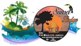 Sunset Lodge logo with palm trees, a hut, a toucan, and sunset over the ocean.