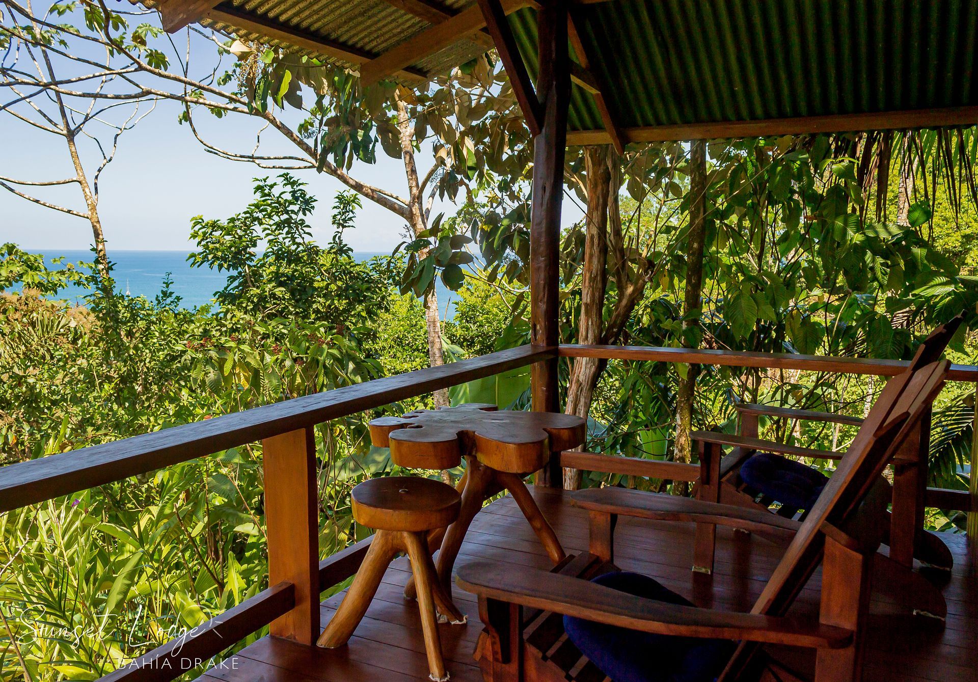 Wooden porch with ocean view, surrounded by green foliage, table, chairs.