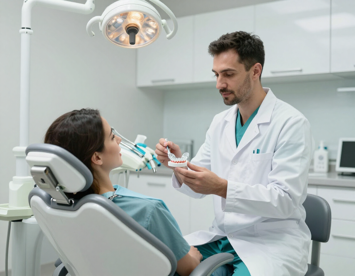 Dentist presenting a custom oral appliance to a patient in a dental chair