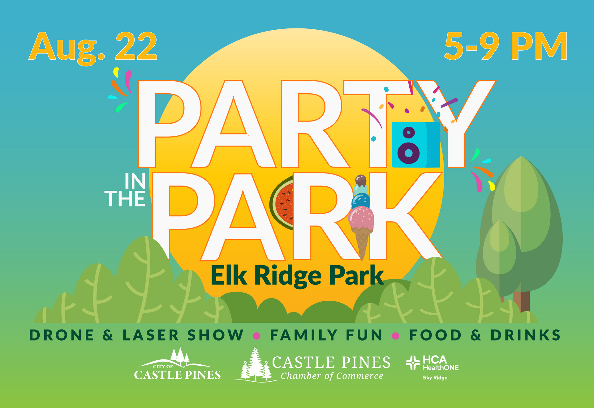 A poster for a party in the park on august 23