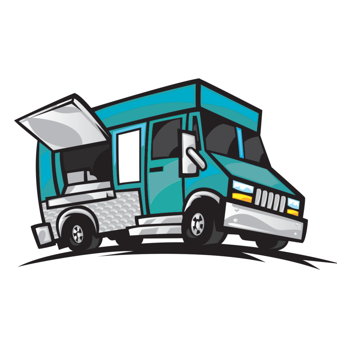 A blue food truck with the door open on a white background.