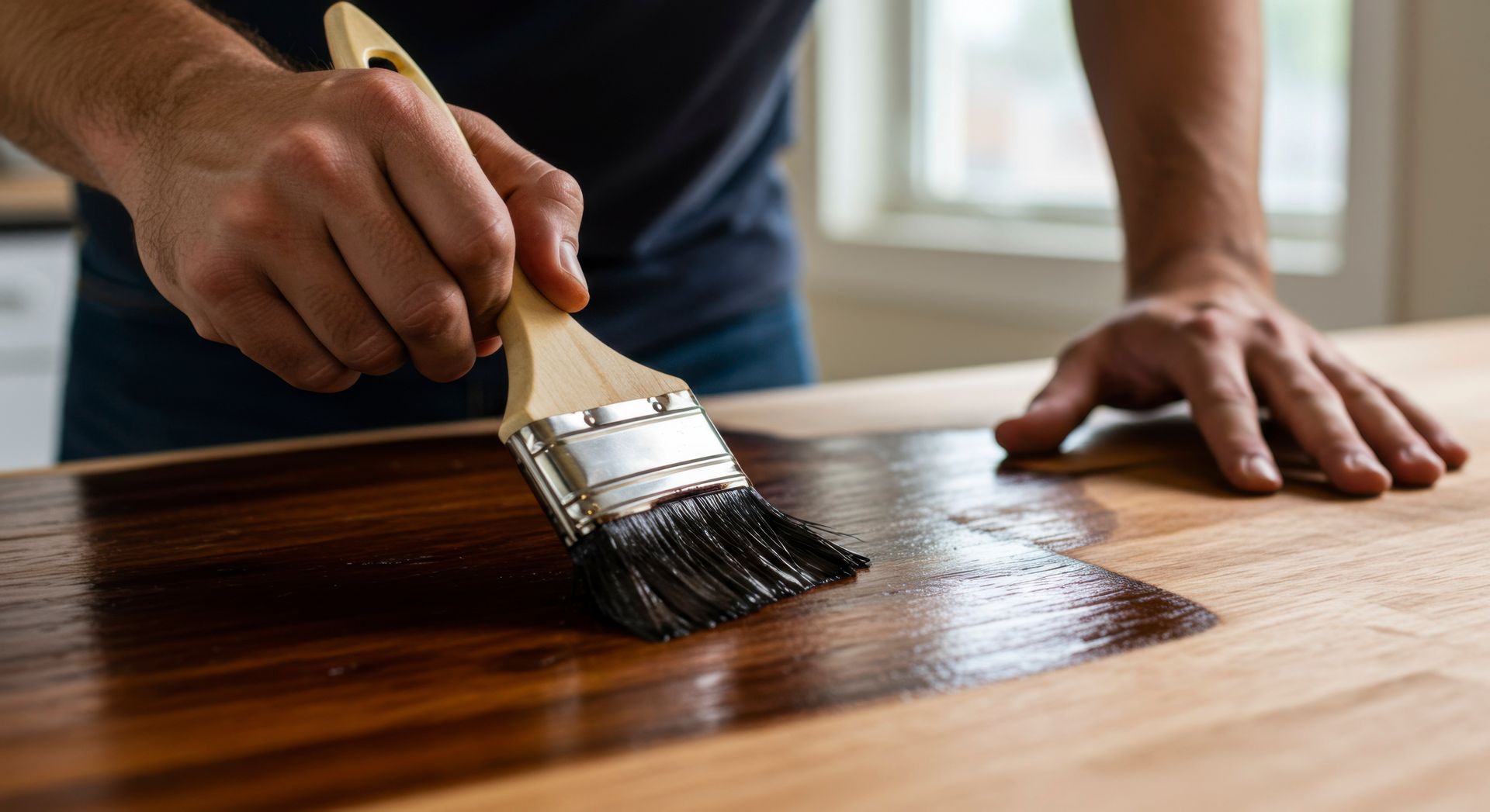 A person applying dark wood stain to a light wooden surface using a brush.