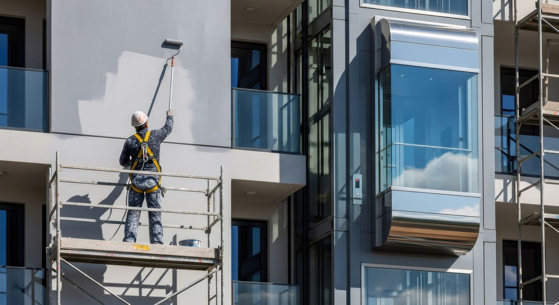 A construction worker on scaffolding uses a long-handled roller to paint the exterior wall of a modern apartment building.