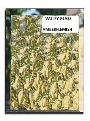 Valley Glass amber-flecked textured glass sample labeled Amberflemish