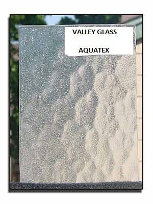 Textured frosted glass panel with labels “VALLEY GLASS” and “AQUATEX” at the top.
