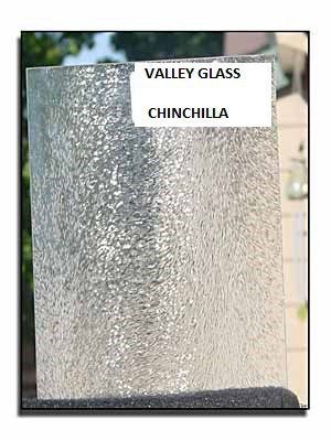 Sample glass panel labeled “Valley Glass Chinchilla,” with a textured silver-gray finish.