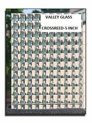 Crossed 5-inch glass blocks with “Valley Glass” label at top, displayed in a framed sample board