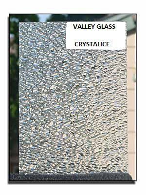 Valley Glass crystallized textured glass sample with silver-gray pebble pattern and label text