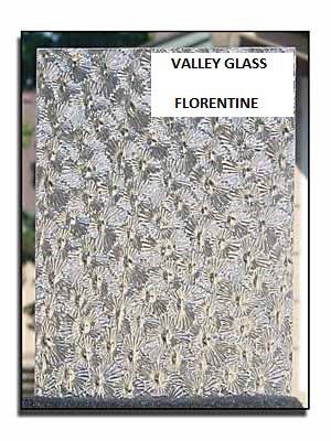 Textured silver glass sample labeled “Valley Glass Florentine”