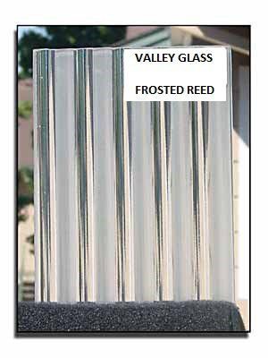 Frosted reed glass panels in a display labeled “Valley Glass”