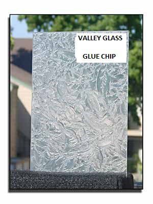 A glass chip sample labeled “VALLEY GLASS GLUE CHIP” mounted on a display stand.