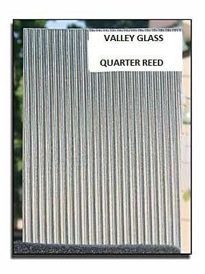 Vertical striped glass sample labeled “Valley Glass Quarter Reed”