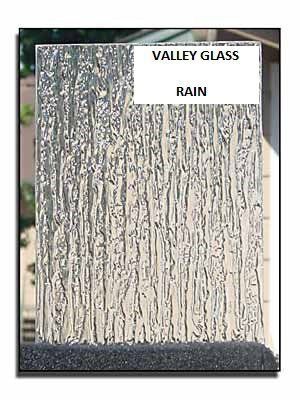 Glass panel sample labeled “VALLEY GLASS” and “RAIN,” with a textured vertical streak pattern
