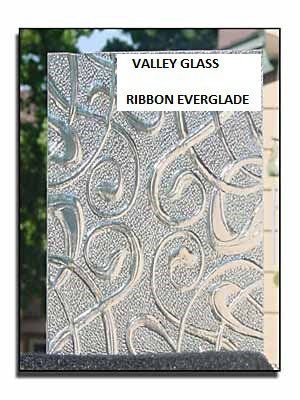 Textured glass panel labeled “Valley Glass Ribbon Everglade” with frosted wavy swirls and leaf-like patterns