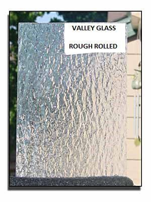 Textured frosted glass sample labeled “Valley Glass Rough Rolled”